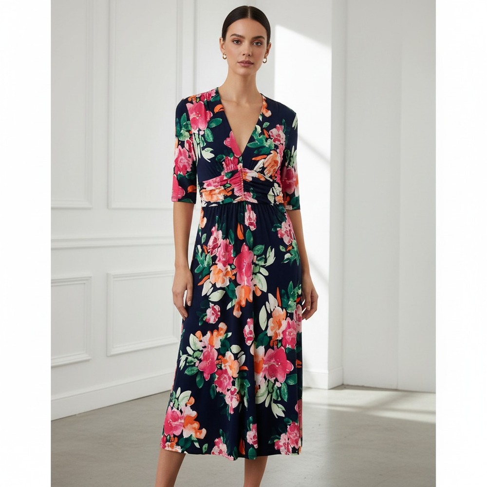 Vince Camuto Midi Ruched Dress Navy Blue Floral V Neck Office Stretch Size‎ 4